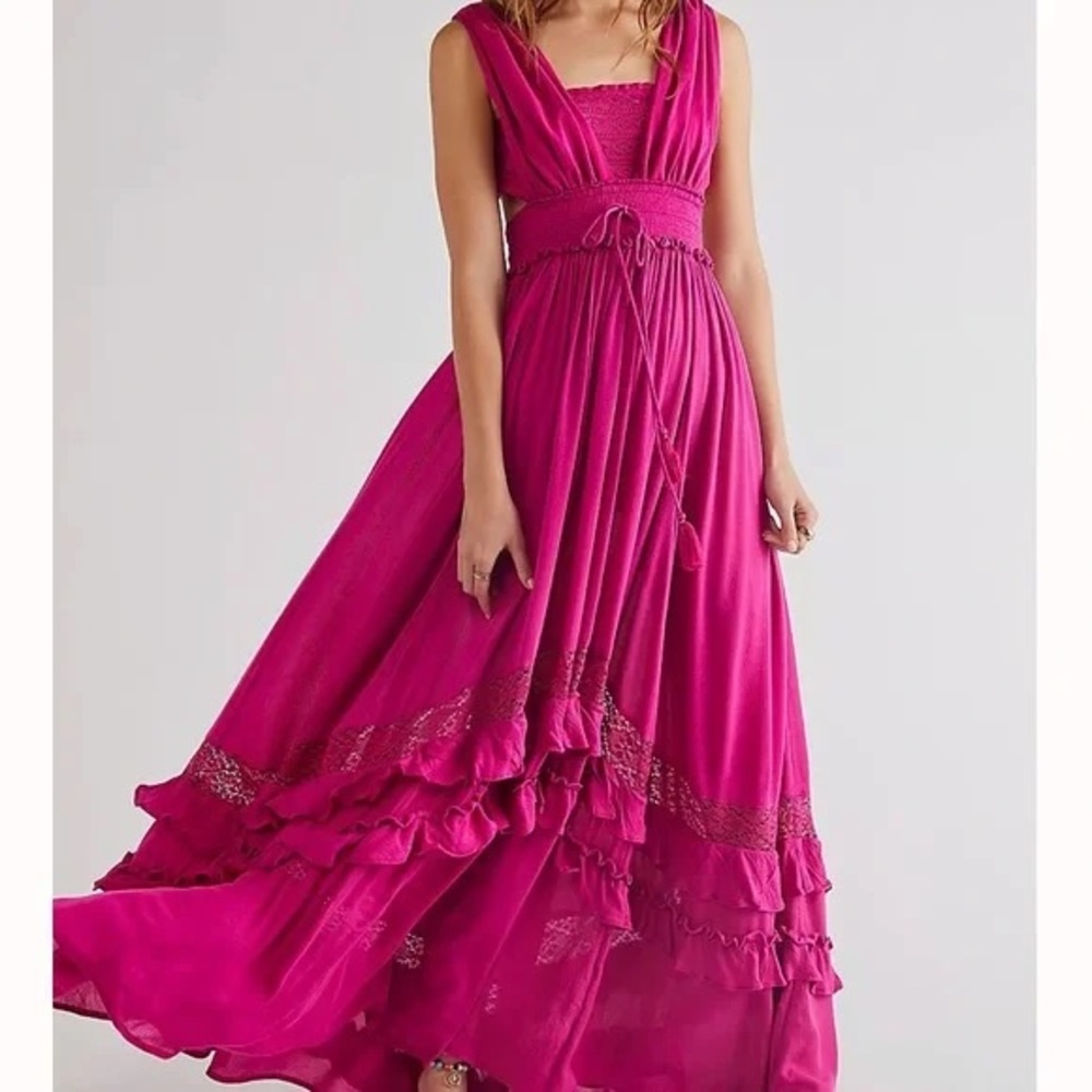 NWT Free People Santa Maria Maxi Pink Dress Size M Flow Ruffles Lace Detail
